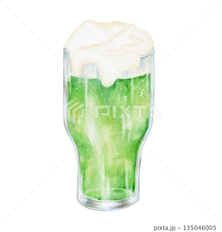 Green beer in a pint glass with foam, isolated, hand painted watercolor clipart. Ideal for St. Patricks Day celebrations, Irish pub art, party invitations, and festive drinks Green beer in a pint glass with foam, isolated, hand painted watercolor clipart. Ideal for St. Patricks Day celebrations, Irish pub art, party invitations, and festive drinks 135046005