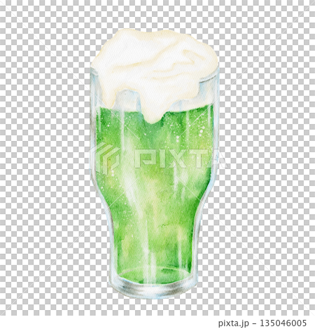 Green beer in a pint glass with foam, isolated, hand painted watercolor clipart. Ideal for St. Patricks Day celebrations, Irish pub art, party invitations, and festive drinks Green beer in a pint glass with foam, isolated, hand painted watercolor clipart. Ideal for St. Patricks Day celebrations, Irish pub art, party invitations, and festive drinks 135046005