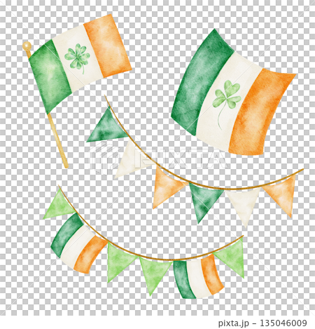 Irish flag bunting garland, isolated, hand painted watercolor clipart. Perfect for St. Patricks Day party decor, festive banners, parade illustrations, and holiday designs Irish flag bunting garland, isolated, hand painted watercolor clipart. Perfect for St. Patricks Day party decor, festive banners, parade illustrations, and holiday designs 135046009