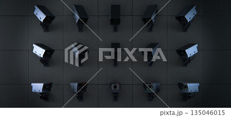 Security, CCTV, surveillance cameras on dark wall, total control background Security, CCTV, surveillance cameras on dark wall, total control background 135046015