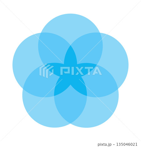Blue five circle venn diagram forming a rounded floral intersection shape vector infographic for data balance chart model geometric business element round info design clean flat graphic 135046021