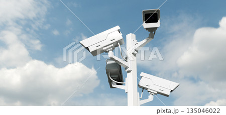 Street surveillance, security cameras on pole, total control concept background 135046022