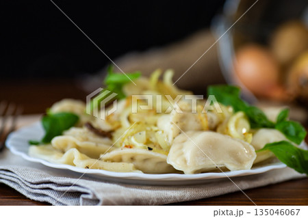 Homemade dumplings with potatoes and onions on a plate 135046067