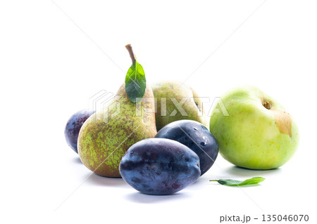 Natural pear and plum fruits in studio photography 135046070
