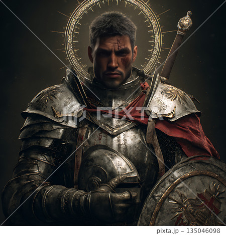 傷を負った甲冑姿の中世騎士と宗教的象徴のイラスト 135046098