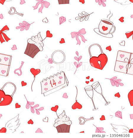 Seamless pattern Love elements set. Valentine's day hand drawn decorative elements. Cartoon doodle icons. Vector background illustration. Seamless pattern Love elements set. Valentine's day hand drawn decorative elements. Cartoon doodle icons. Vector background illustration. 135046108