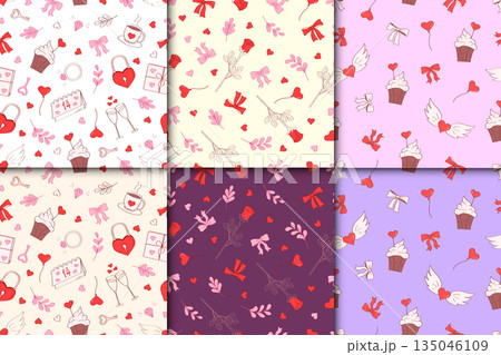 Set of seamless pattern Valentine's day decorative elements. Cartoon vector background illustration. Set of seamless pattern Valentine's day decorative elements. Cartoon vector background illustration. 135046109