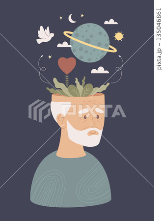 Senior Man Cosmic Wisdom and Mental Wellness. Elderly Gray-Haired Male with Universe Planet and Peace Dove. Concept for Spiritual Growth Mindfulness and Health Awareness Vector Illustration Not AI Senior Man Cosmic Wisdom and Mental Wellness. Elderly Gray-Haired Male with Universe Planet and Peace Dove. Concept for Spiritual Growth Mindfulness and Health Awareness Vector Illustration Not AI 135046861
