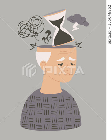Mental Health and Dementia Awareness. Sad Unhappy Elderly Man with Hourglass, Storm Cloud and Tangled Thoughts. Concept for Aging Alzheimer Disease and Wellness Support. Vector Illustration. Not AI Mental Health and Dementia Awareness. Sad Unhappy Elderly Man with Hourglass, Storm Cloud and Tangled Thoughts. Concept for Aging Alzheimer Disease and Wellness Support. Vector Illustration. Not AI 135046862