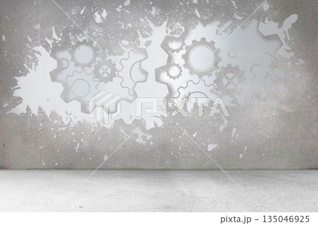 Splash on wall revealing cogs and wheels Splash on wall revealing cogs and wheels 135046925