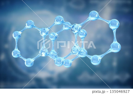 Molecular model is floating in 3D lab render with blue spheres, rods forming hexagon rings Molecular model is floating in 3D lab render with blue spheres, rods forming hexagon rings 135046927