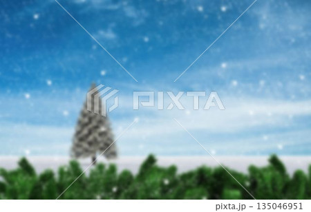 Solitary pine tree is standing in flat winter scene with snowflakes falling past evergreen boughs 135046951