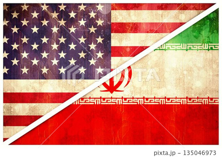Digital composite image of Iran and American flags 135046973