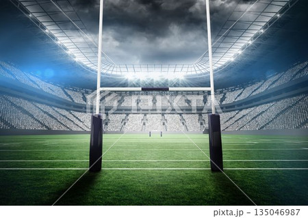 Flat design graphic is featuring outdoor rugby stadium with goalposts, marked field and floodlights 135046987