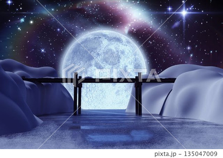 Bridge on snow covered mountain against full moon 135047009