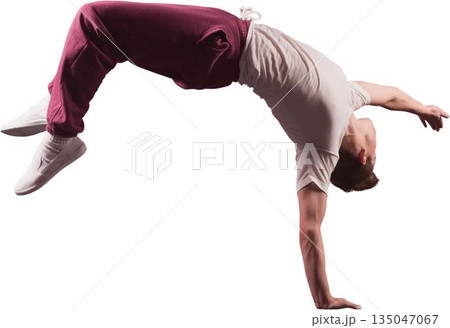 Teenage male athlete is performing back handspring in flat design, against seamless white backdrop Teenage male athlete is performing back handspring in flat design, against seamless white backdrop 135047067