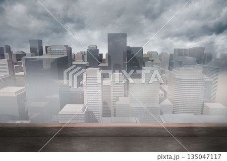Modern skyscraper cluster is being shown in flat design, with concrete ledge, misty fog, cloudy sky 135047117