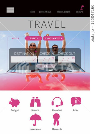 Couple are standing through convertible roof, browsing travel booking page with tabs and pink icons Couple are standing through convertible roof, browsing travel booking page with tabs and pink icons 135047160