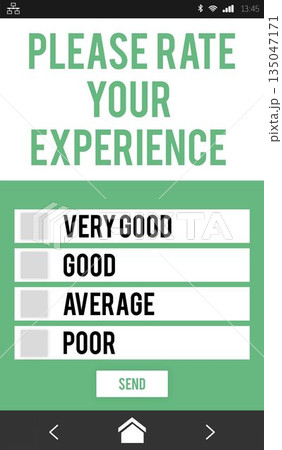 Feedback form UI is showing on transparent smartphone screen, with checkboxes, green send button Feedback form UI is showing on transparent smartphone screen, with checkboxes, green send button 135047171