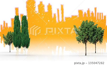 Trees against orange city skyline 135047282