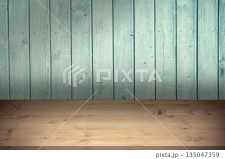 Wood floor planks are being shown in flat design with painted teal wall boards, copy space 135047359