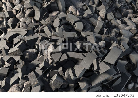 Heap of broken concrete chunks and rocks is being shown in flat design, featuring ring sections Heap of broken concrete chunks and rocks is being shown in flat design, featuring ring sections 135047373