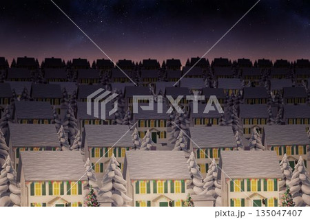 Flat design is showing snow-covered houses with green-shuttered windows under starry night sky 135047407