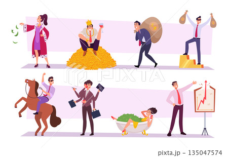 Investment. Business characters in different poses making money investment exact vector business concept illustrations 135047574