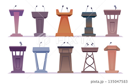 Podiums. Conference tribunes with set of microphone for present speakers exact vector cartoon templates 135047583