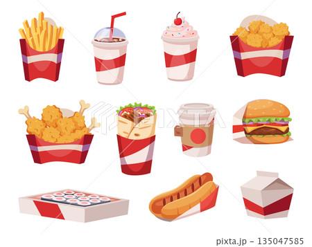 Fast food. Unhealthy snacks trash food chips meals cakes cold drinks exact vector set 135047585