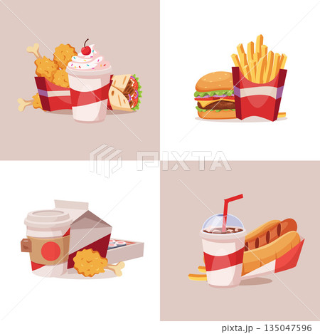 Fast food. trash or junk food products burgers fried potatoes hot dog and cold drinks Fast food. trash or junk food products burgers fried potatoes hot dog and cold drinks 135047596