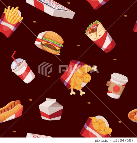 Fast food pattern. seamless background with junk food fried potatoes and burgers nuggets 135047597