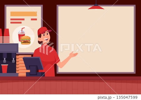 Fast food menu. happy cashier of fast food restaurant pointing wall menu. background with empty plays for text 135047599