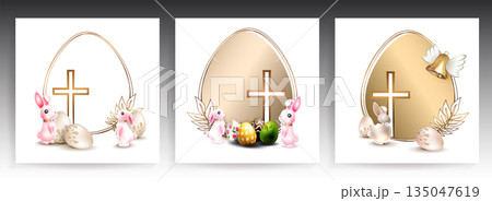 Happy Easter. A set of isolated design elements featuring Easter eggs and cute bunnies Happy Easter. A set of isolated design elements featuring Easter eggs and cute bunnies 135047619