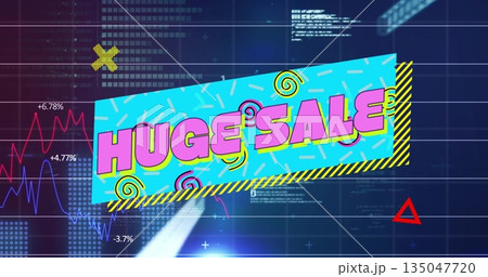 Displaying slanted turquoise banner showing bold pink HUGE SALE text in interface, with line charts Displaying slanted turquoise banner showing bold pink HUGE SALE text in interface, with line charts 135047720
