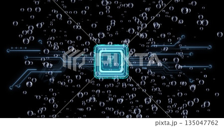 Shining neon blue microchip icon sending glowing circuits in digital void, with translucent bubbles Shining neon blue microchip icon sending glowing circuits in digital void, with translucent bubbles 135047762