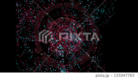 Rotating segmented ring vortex floating in digital space, with glowing magenta and teal particles 135047765