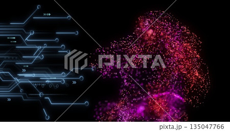 Glowing blue circuits merging with magenta particle silhouette in digital environment, copy space 135047766