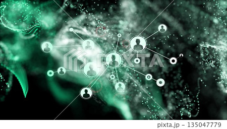 Central circular user icons glowing in network space, with connecting lines and data points 135047779