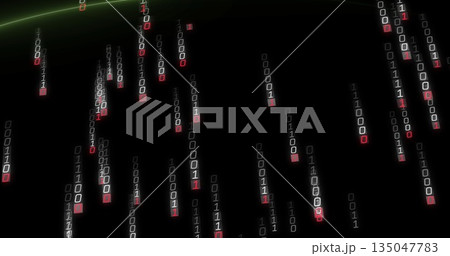 Displaying vertical streams of binary code flowing in data space, with faint green horizon line 135047783