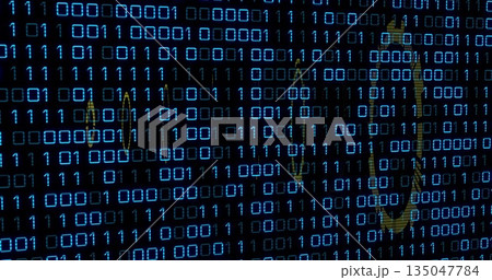 Displaying rows of bright blue binary digits floating across dark interface, with Ethereum logos 135047784