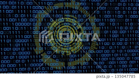 Gold circular interface rotating in data screen, with binary code and geometric interface elements Gold circular interface rotating in data screen, with binary code and geometric interface elements 135047785