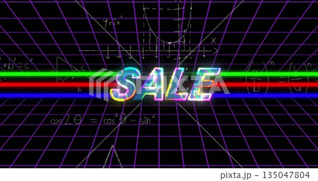 Displaying neon SALE text on purple grid space, with green and red bars and math formulas 135047804