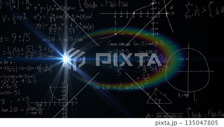 Bright light burst emitting rainbow lens flare on chalkboard surface, with integrals and graphs 135047805