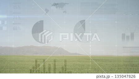 Green grass spreading across rural plain, with translucent pie chart and bar graph overlays Green grass spreading across rural plain, with translucent pie chart and bar graph overlays 135047826