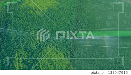 Displaying forest canopy hovering above terrain with markers diagonal line data grid encryption bar Displaying forest canopy hovering above terrain with markers diagonal line data grid encryption bar 135047916