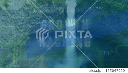 Waterfall cascading amid cliffs with green vegetation, mist, digital grid codes and GROWTH HACKING Waterfall cascading amid cliffs with green vegetation, mist, digital grid codes and GROWTH HACKING 135047920