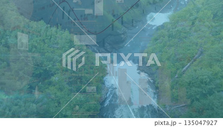 Flowing central river gorge cutting through steep mountain forest, with data overlays 135047927