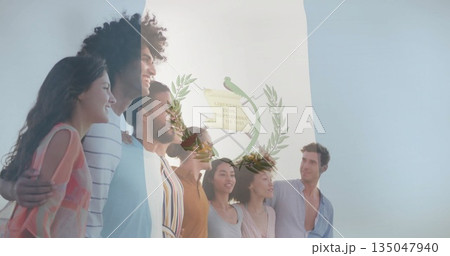 Standing group of six adults linking arms and smiling in studio, with Guatemalan national emblem Standing group of six adults linking arms and smiling in studio, with Guatemalan national emblem 135047940