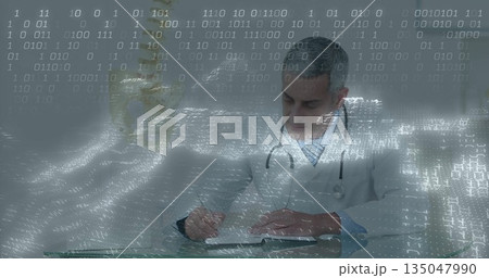 Leaning physician in lab coat, tie and stethoscope writing document on desk in clinic, binary code Leaning physician in lab coat, tie and stethoscope writing document on desk in clinic, binary code 135047990